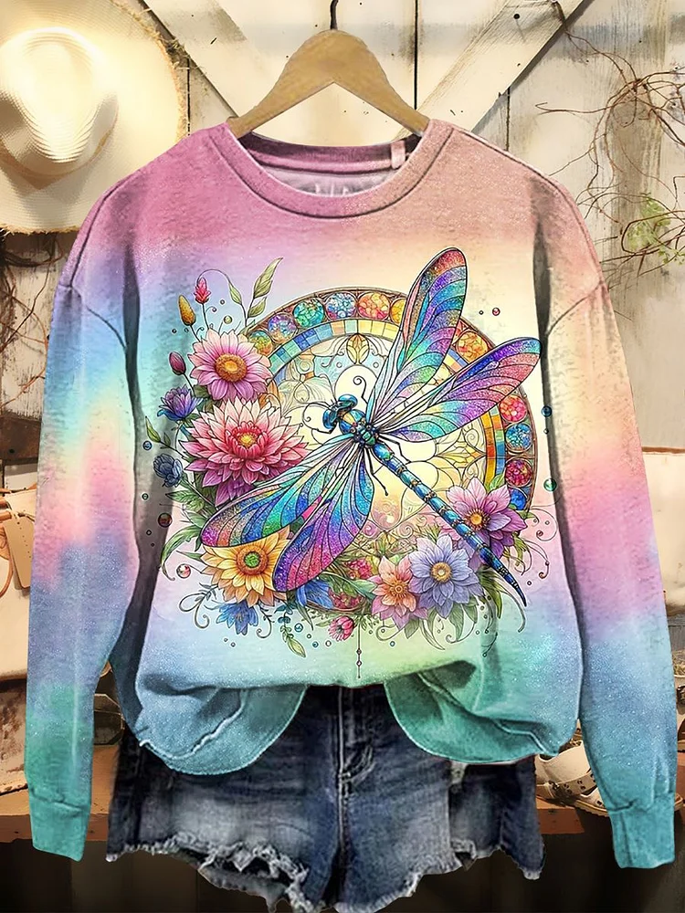Women's Flower Dragonfly Print Casual Crew Neck Sweatshirt