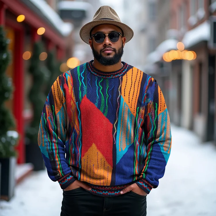 VChics Men's Plus Size Ethnic Graphics Knit Jacquard Christmas Gifts Sweater