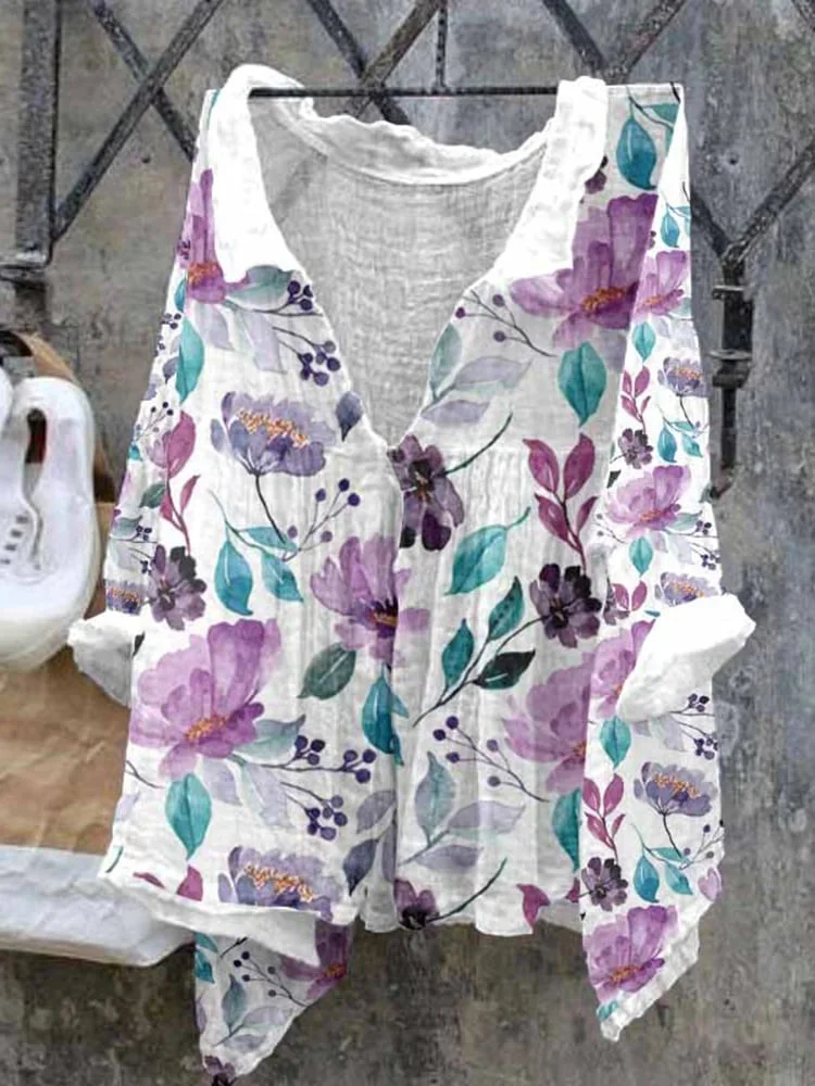 Women's Watercolor Floral Print Casual Cotton Linen Shirt