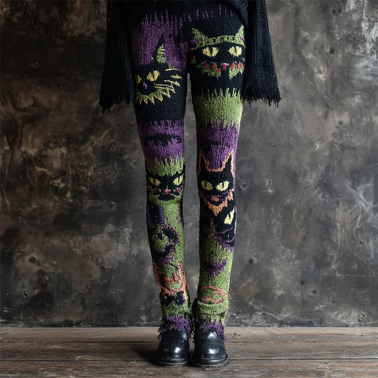 Halloween Spooky Cat Embroidered Women's Knit Leggings