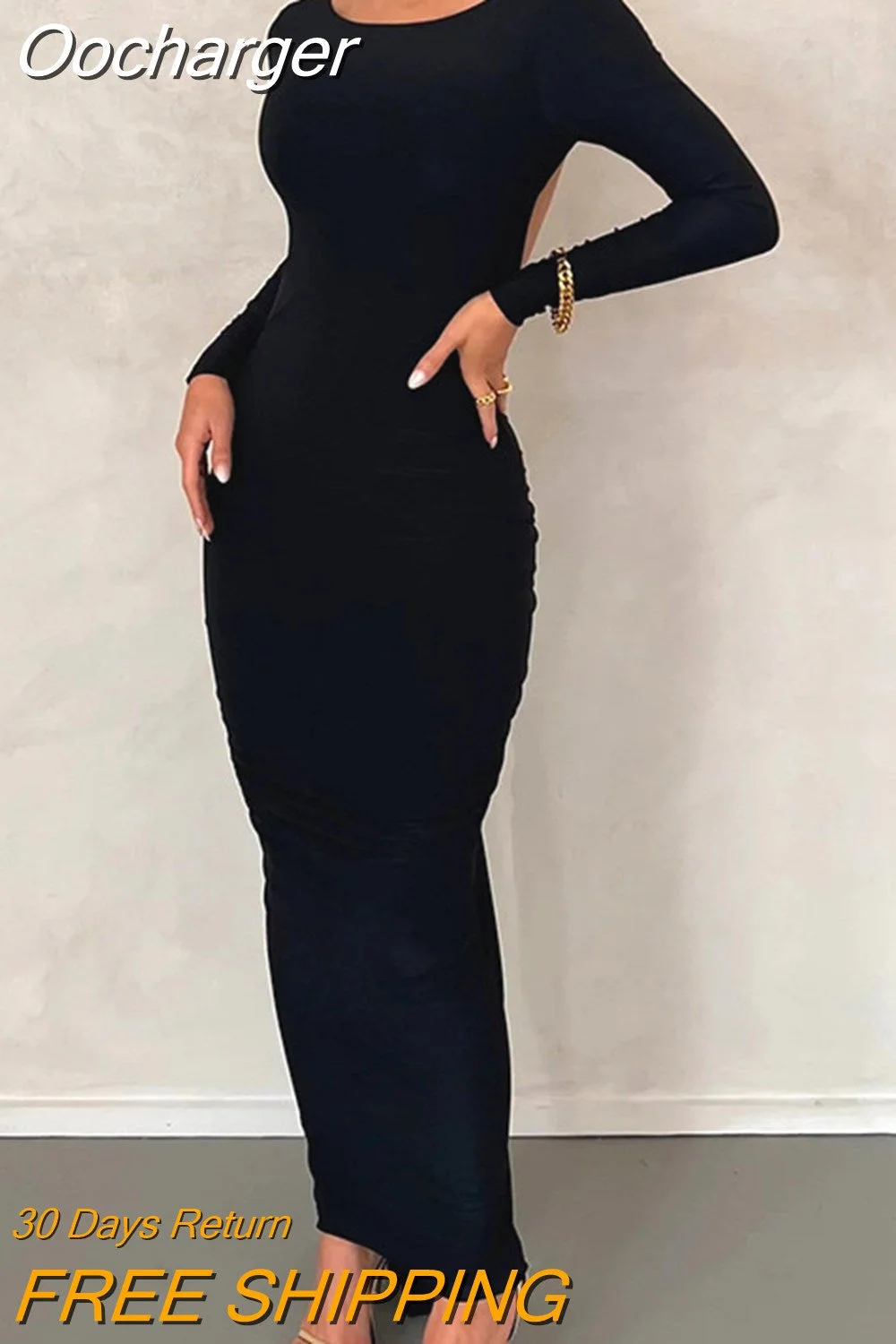 Oocharger Elegant Backless Maxi Dress For Women Robe Autumn Full Sleeve Bodycon High Waist Irregular Ruched Long Dresses Vestido