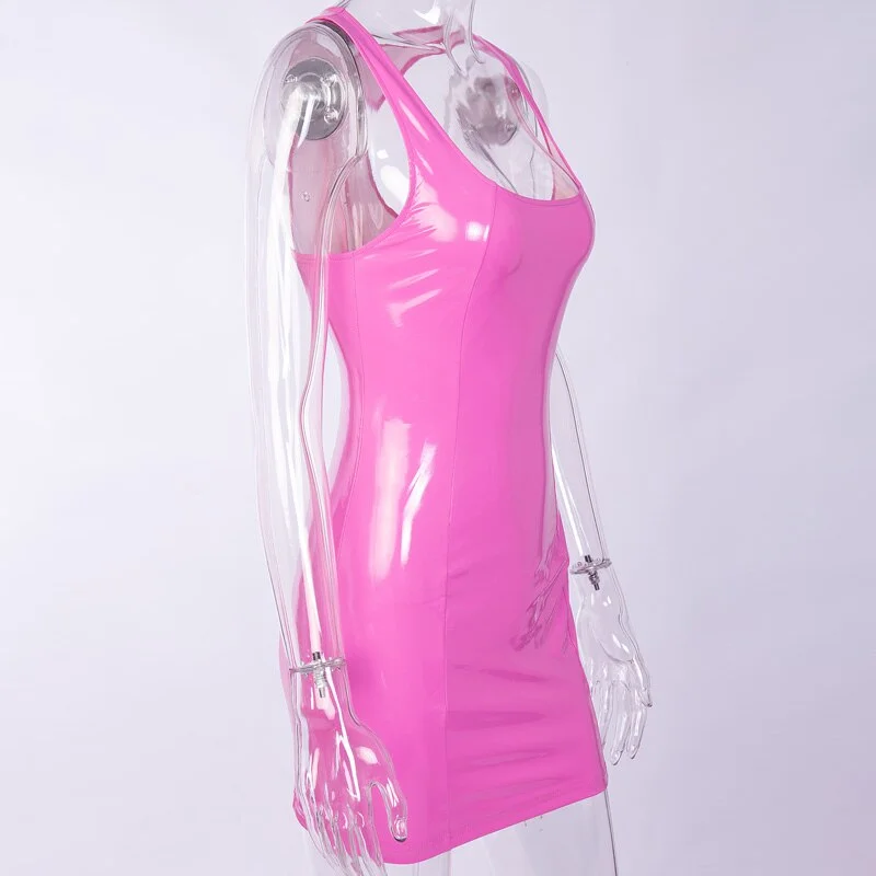 InstaHot Pink Tank Sleeveless PU Sheath Dress Women Summer Bodycon Zipper Low Cut Elastic Clubwear Skinny Mini Dress New Style