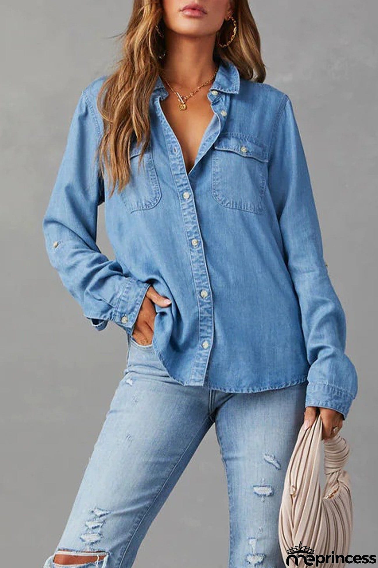 Long Sleeve Button-Up Denim Blouse