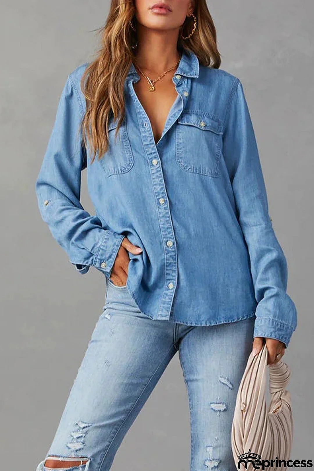 Long Sleeve Button-Up Denim Blouse