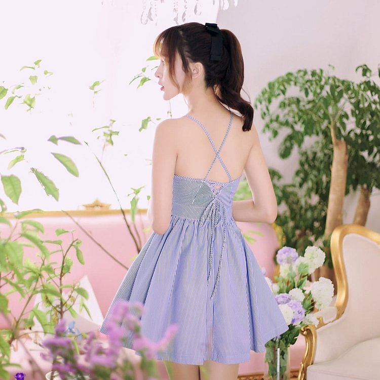 Cute Blue Stripe Short Dress, Summer Dress SP17191