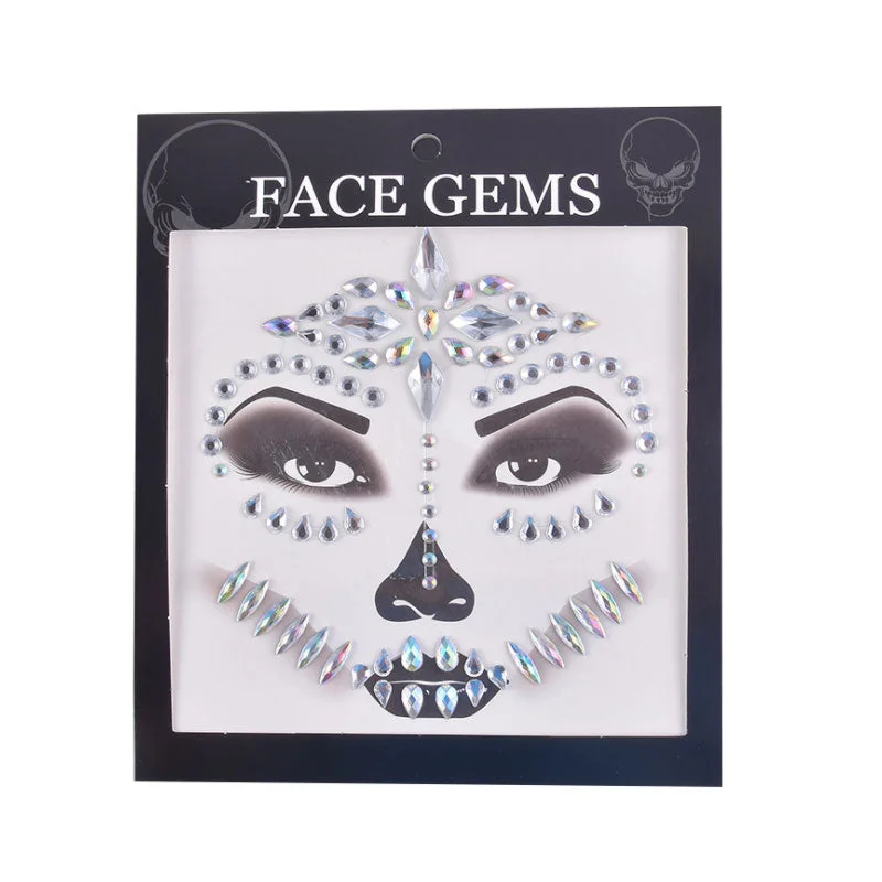 3D Gem Face Sticker Ghost Skull Face with Diamond Decoration Fashion Sexy Face Stickers Prom Holiday Party Face Decoration