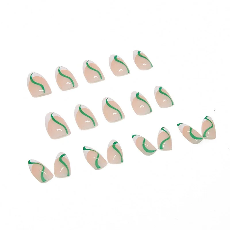 24PCS Green Lines Printed Fake Nails Press On Nails Wearable Women Girl Nail Art Tool False Nail Patch  Point Head False Nails-Nail Inspo