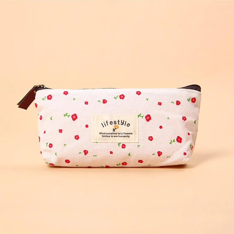 1PC Hot Sale Small Floral Pencil Case Canvas Storage Pouch Pen Bag Small Fresh Canvas Zipper Pencil Box Office Supplies