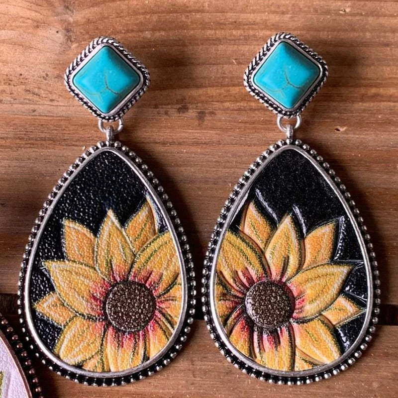 Ethnic Sunflower Pattern Earrings Vintage Boho Tribal Metal Carved Lace Drop Dangle Earring
