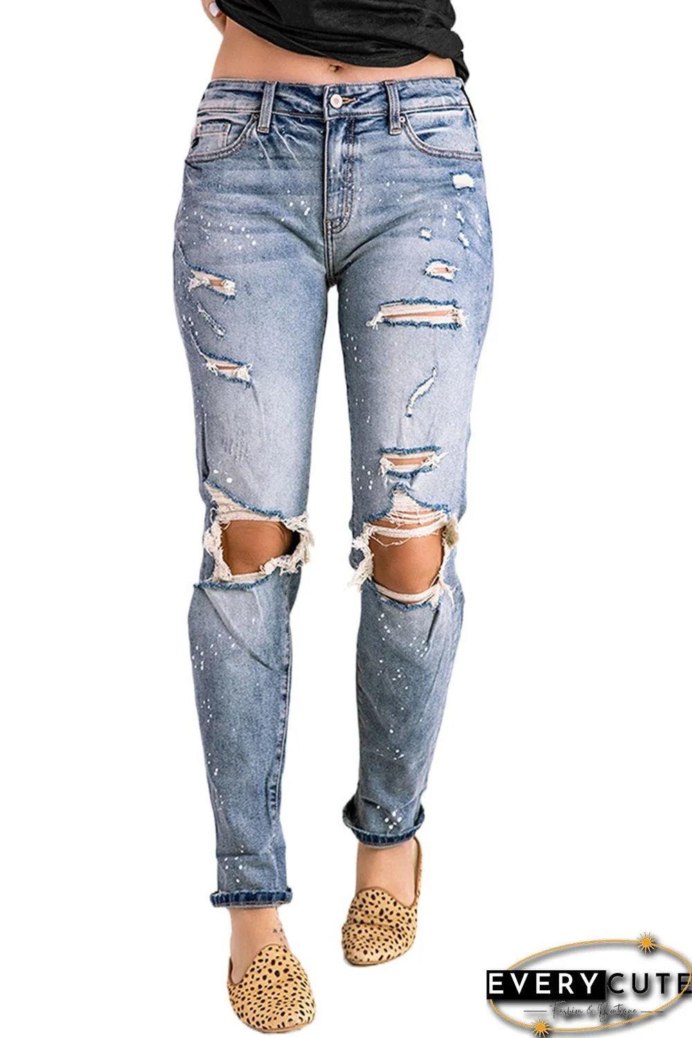 Sky Blue Distressed Faded Splatter Denim Pants