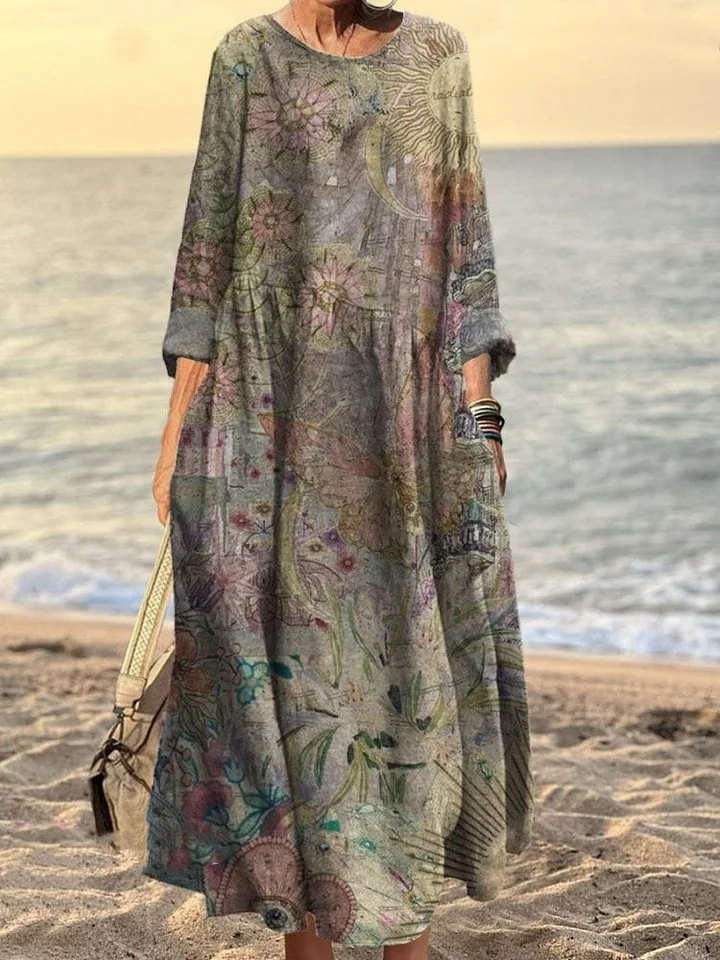 Women's Vintage Floral Art Print Pocket Cotton Dress