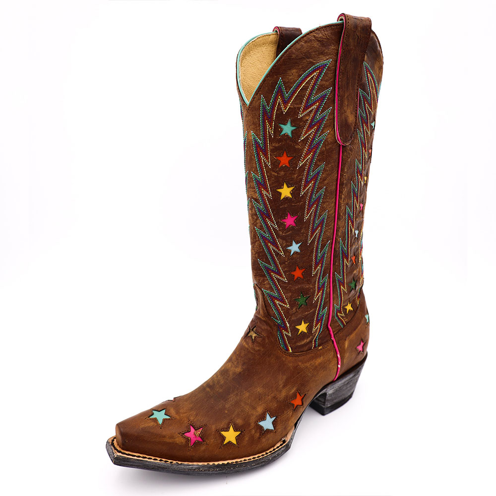 Brown Snip Toe Embroidered Mid-Calf Cowgirl Boots with Stars Inlay 