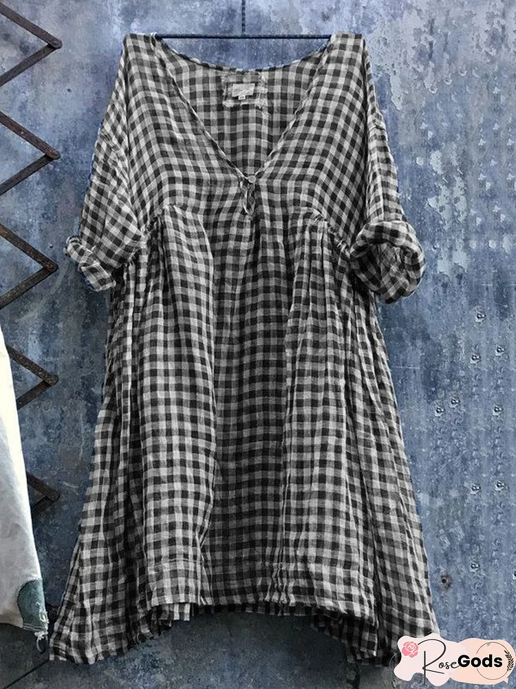 Casual V Neck 3/4 Sleeve Plus Size Lattice Bat Sleeve Dress