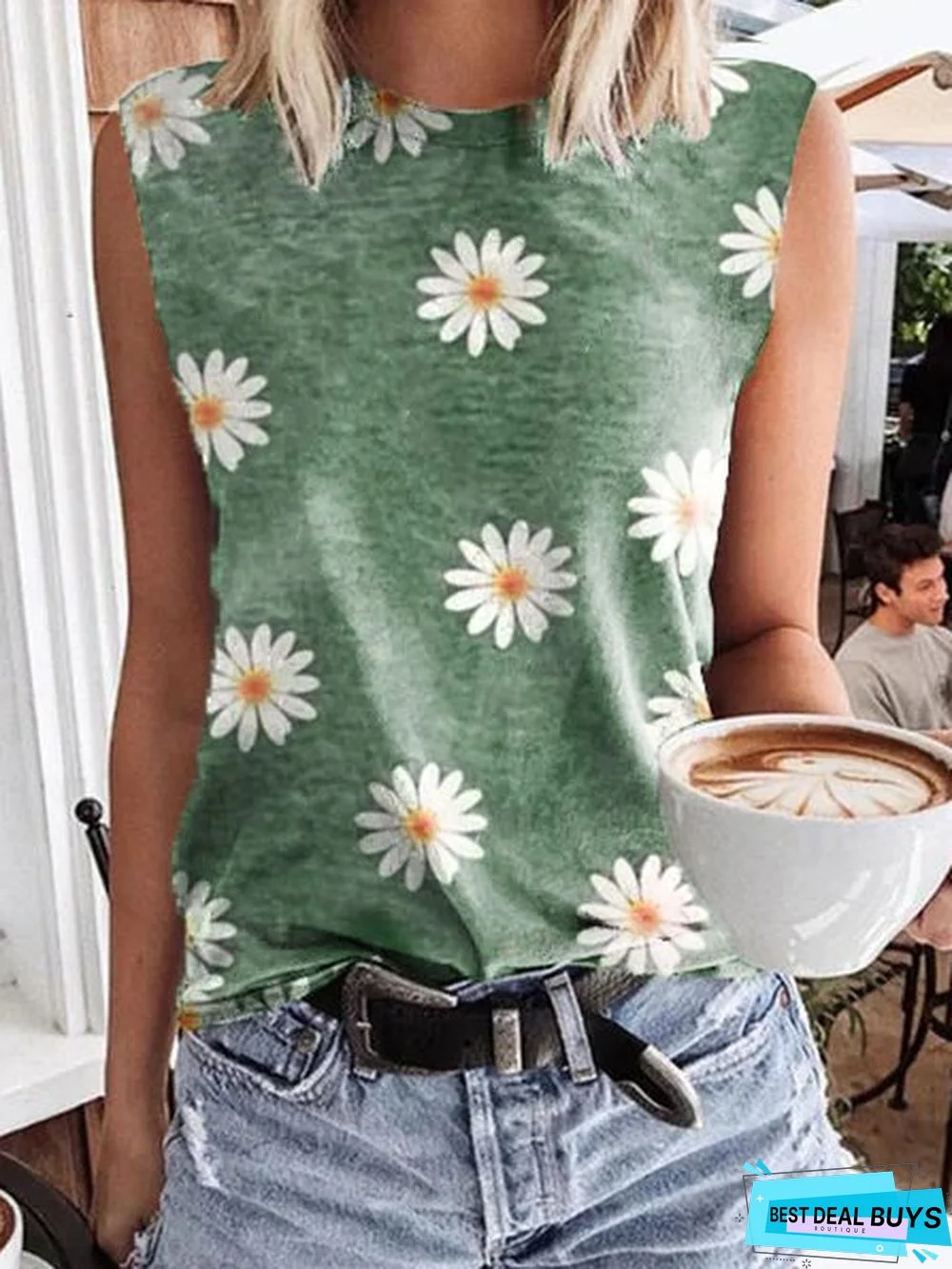 Sleeveless T-shirt with Daisy print round neck