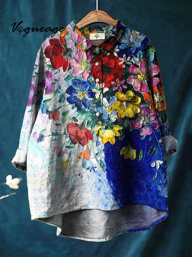 Elegant Noble And Dignified Flowers Printed Cotton And Linen Shirt