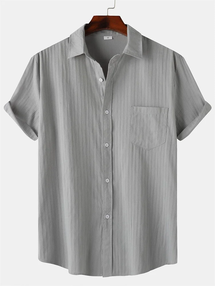 Men's Cotton And Linen High Quality Striped Pocket Short Sleeve Shirt