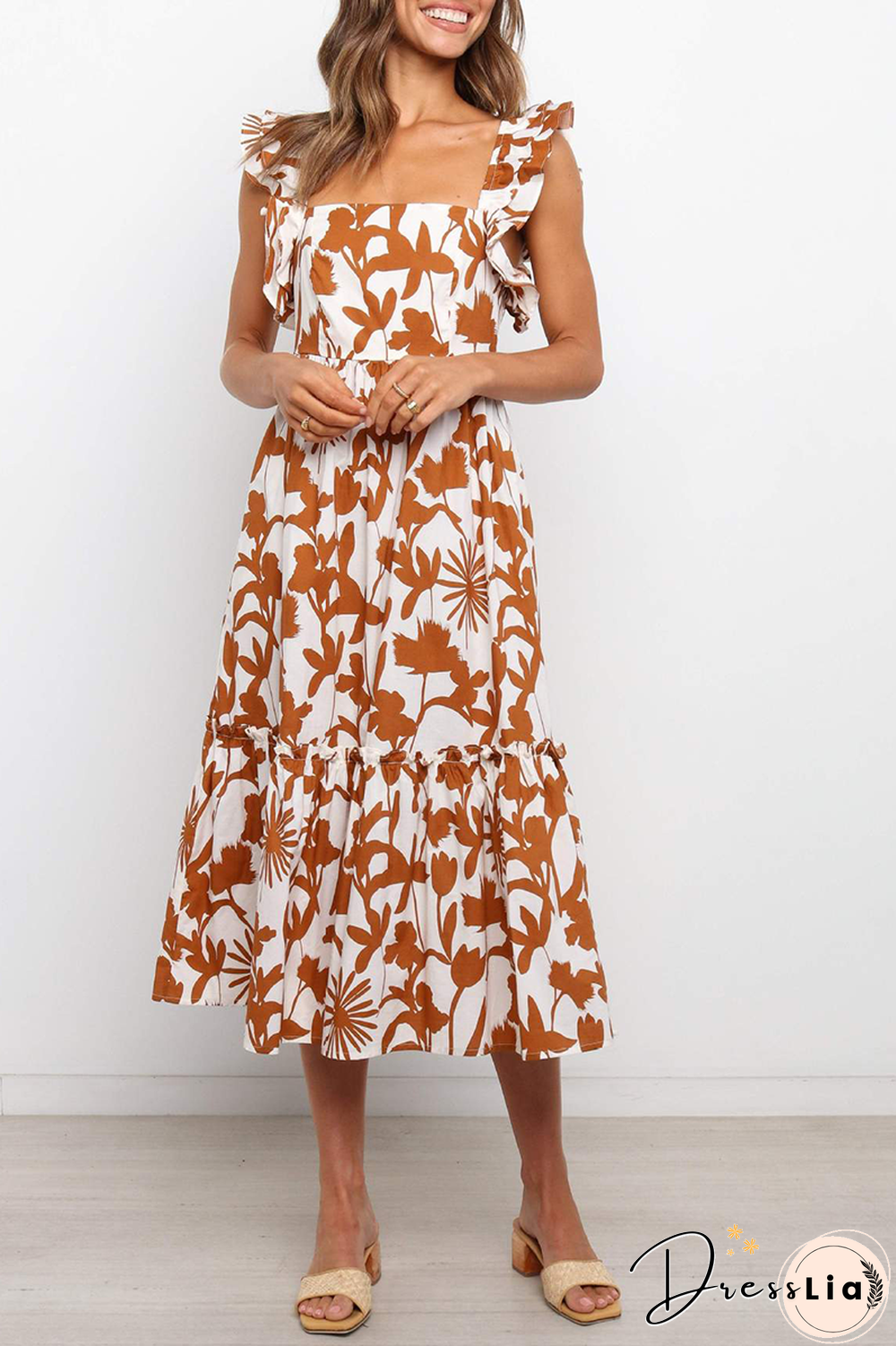 Casual Print Flounce Square Collar Cake Skirt Dresses