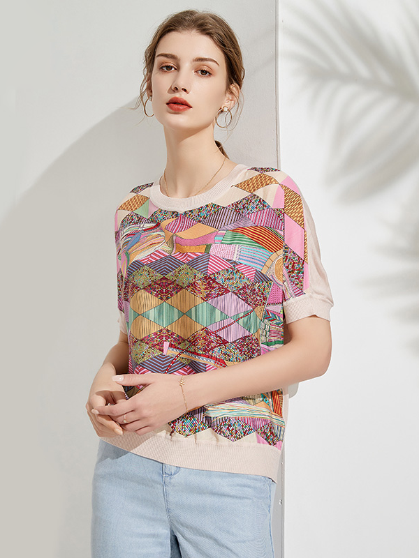 Silk Shirt Color Blocks Printed Loose Style REAL SILK LIFE