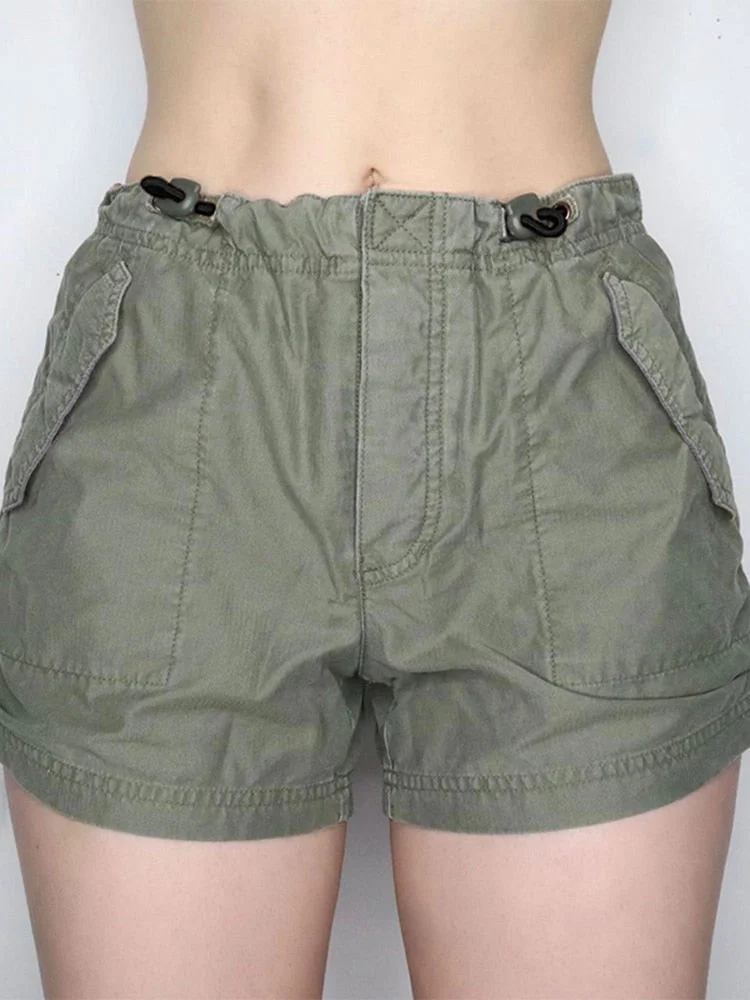 Jacuqeline Summer Low Waist Casual Harajuku Women's Shorts 2022 Asymmetri Pocket American Workwear Button Short Pants Street Y2K