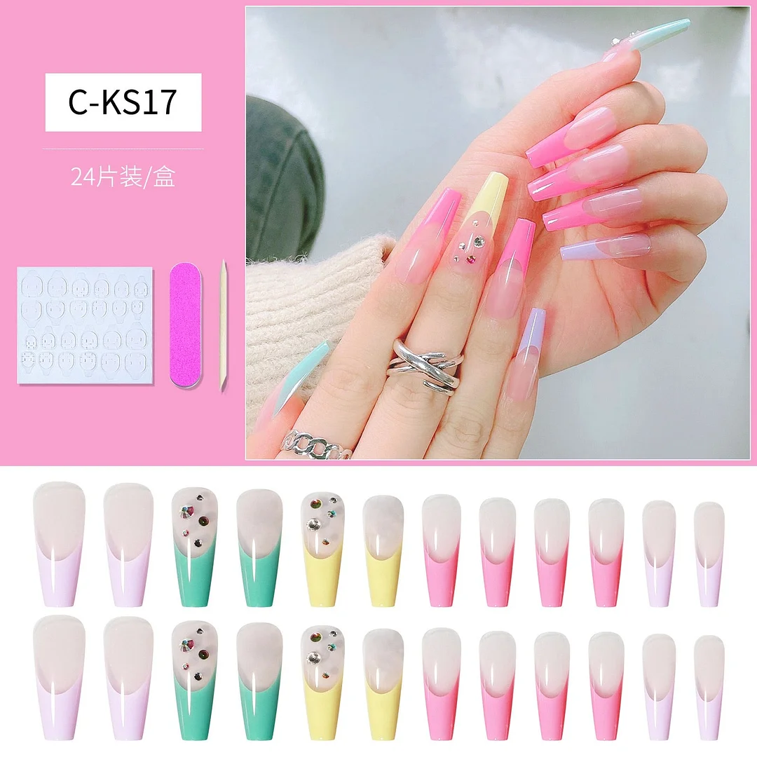 24pcs Detachable Extra Long Coffin False Nails Stick-on nails French Ballerina Fake Nails Full Cover Nail Tips Press On Nails
