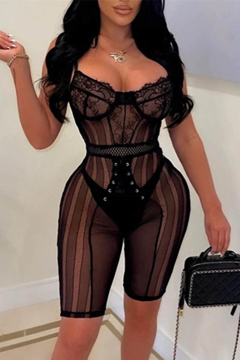 Fashion Sexy Solid Split Joint See-through Backless Spaghetti Strap Skinny Romper