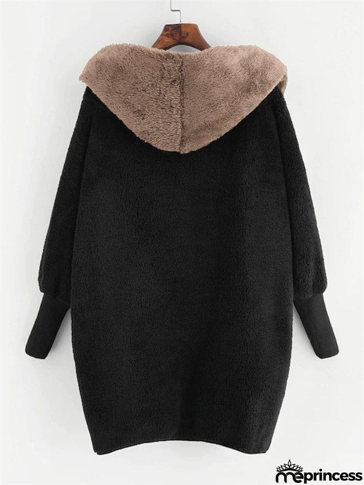 Fluffy Contrast Color Long Sleeve Hoodies