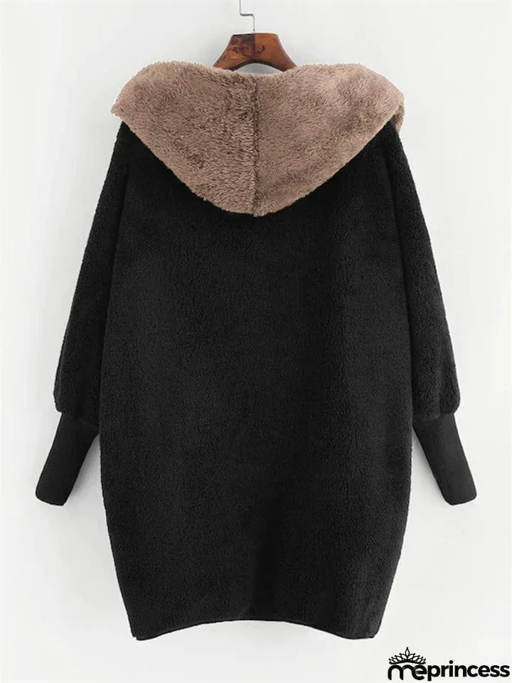Fluffy Contrast Color Long Sleeve Hoodies