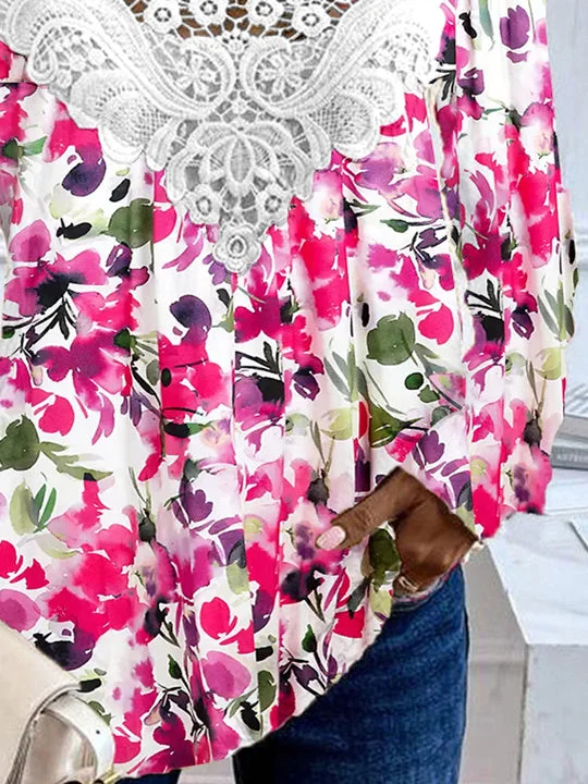 Women's Long Sleeve Scoop Neck Graphic Floral Printed Lace Top