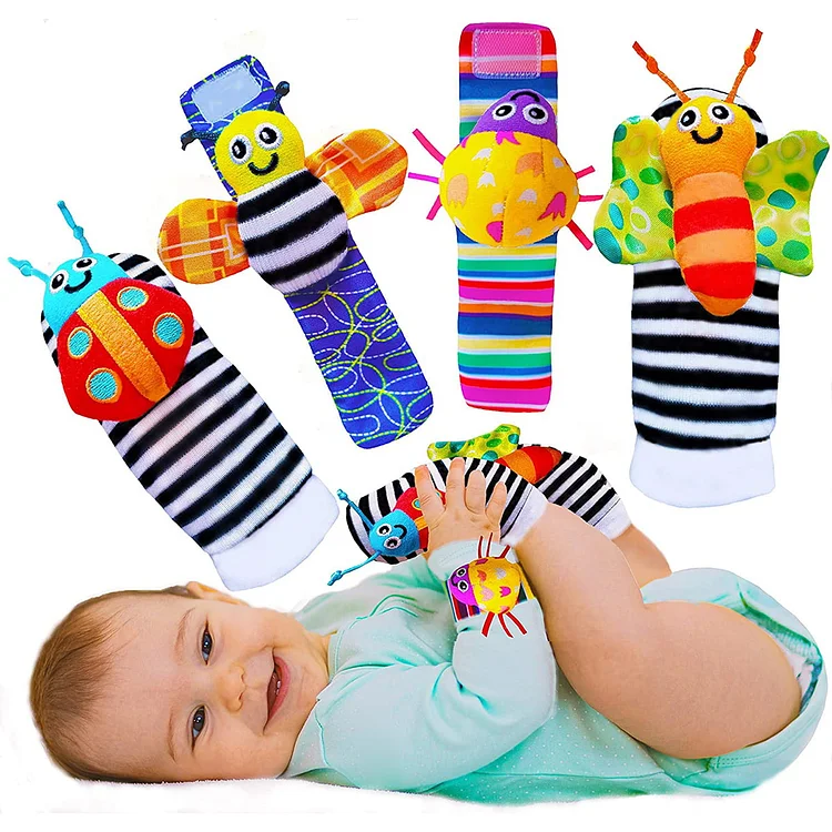 Baby Toys for 0-12 Months Infant Rattle Toy Socks Wrist Rattles & Foot Rattles Foot Finders Socks Set, Developmental Soft Animal Rattles Socks Toys Infant Baby Toys (4 Pcs)