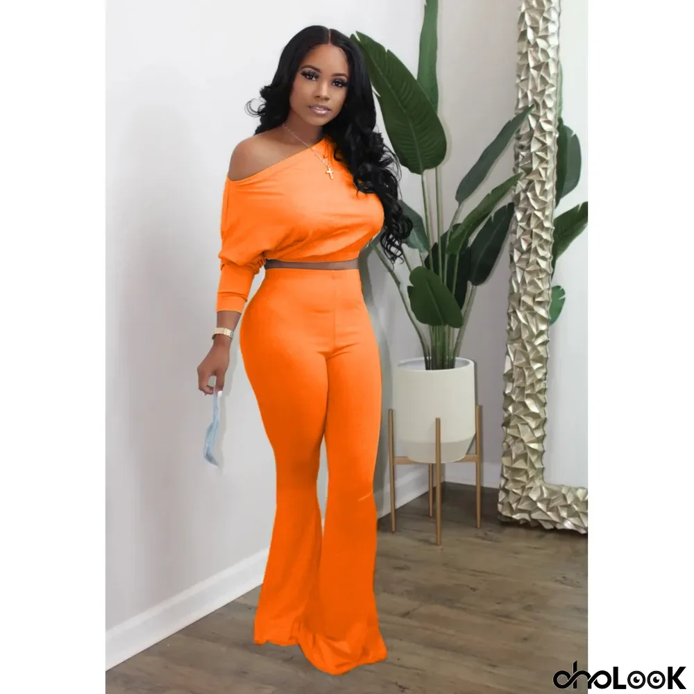 Solid Batwing Sleeve Tops Flared Pants 2 Piece Sets