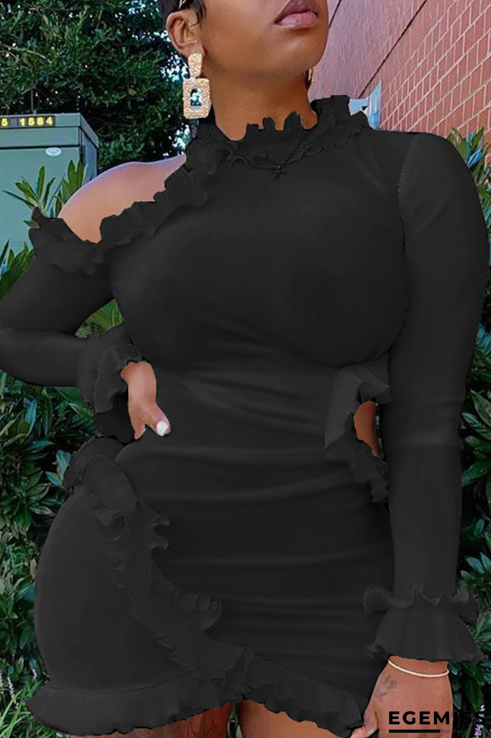 Black Sexy Solid Flounce O Neck Pencil Skirt Dresses | EGEMISS