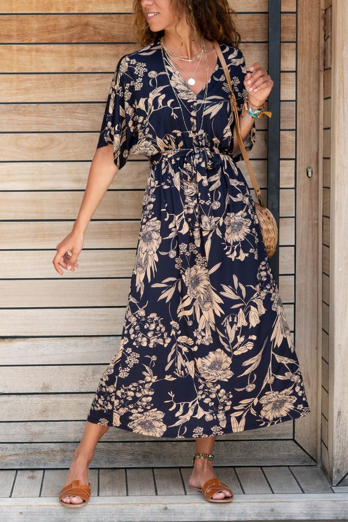 Simple V-Neck Short Sleeve Midi Dress-vocosishoes