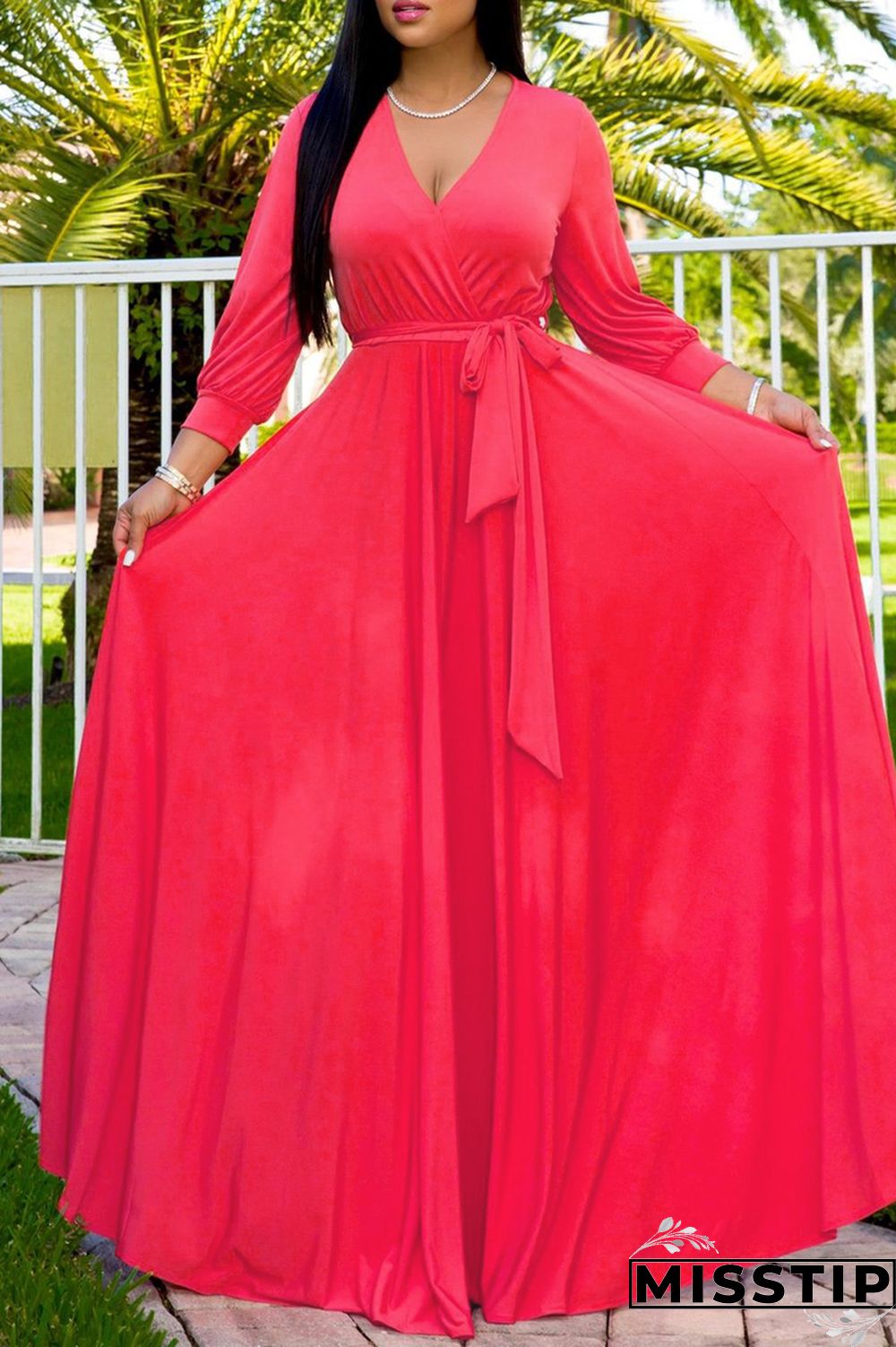 Rose Red Fashion Casual Solid Bandage V Neck Long Sleeve Dresses