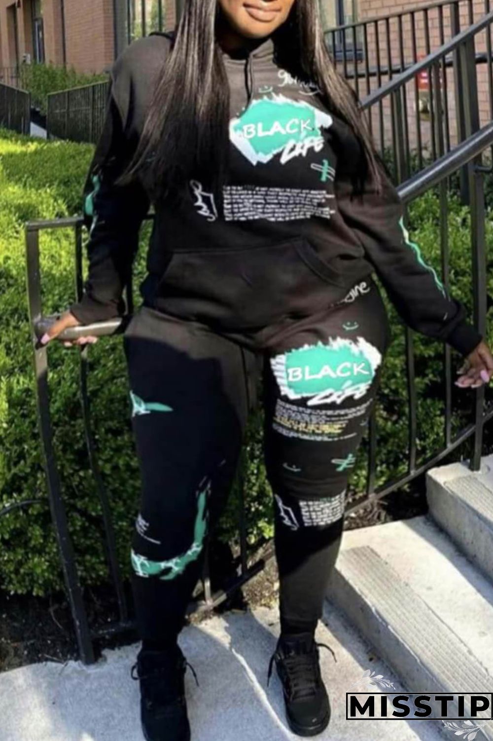 Black Casual Print Patchwork Hooded Collar Plus Size Two Pieces