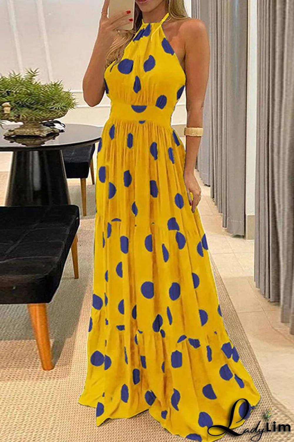 Green Casual Sweet Print Polka Dot Patchwork Backless Halter Straight Dresses