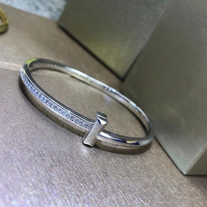 Copper 18K Gold Plated Rose Gold Plated White Gold Plated Inlay Geometric Zircon Bangle