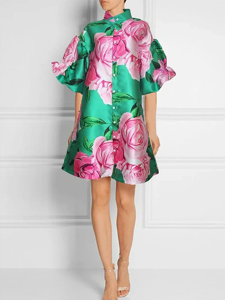 Elegant Floral Stand Collar Short Sleeve Loose Mini Dress