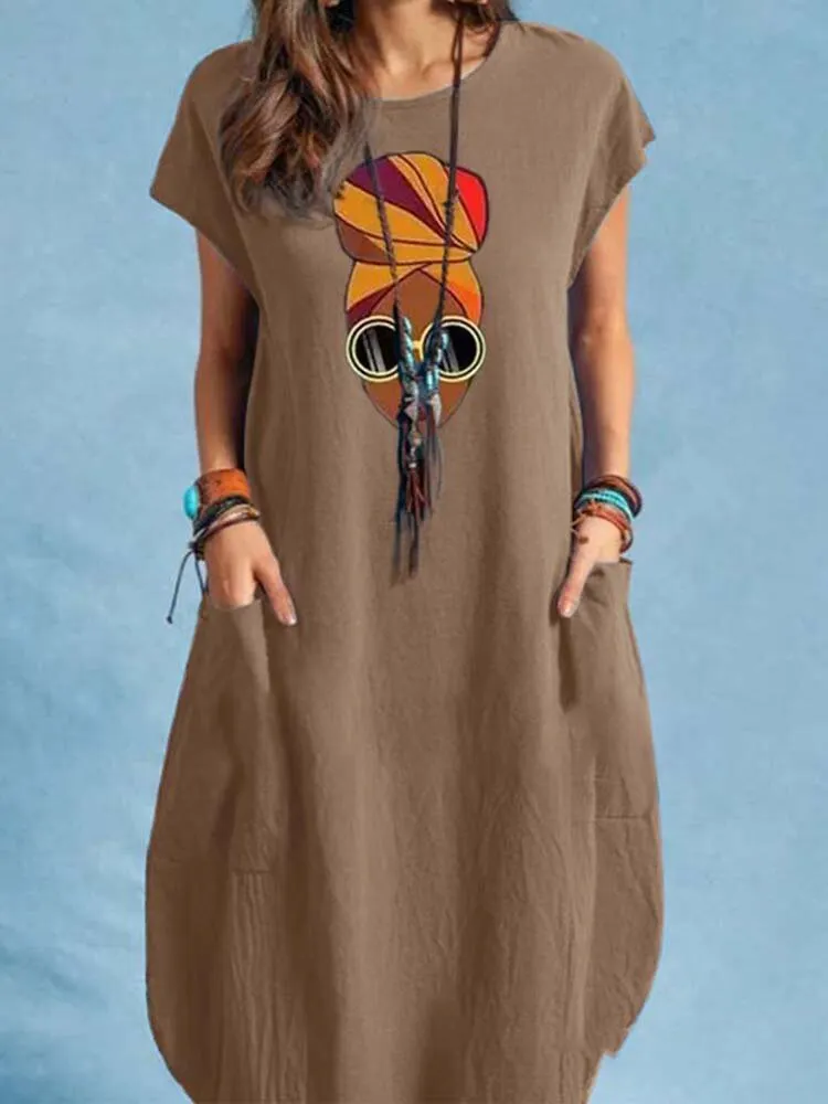 Portrait Print Pocket Short Sleeve Crew Neck Vintage Dress