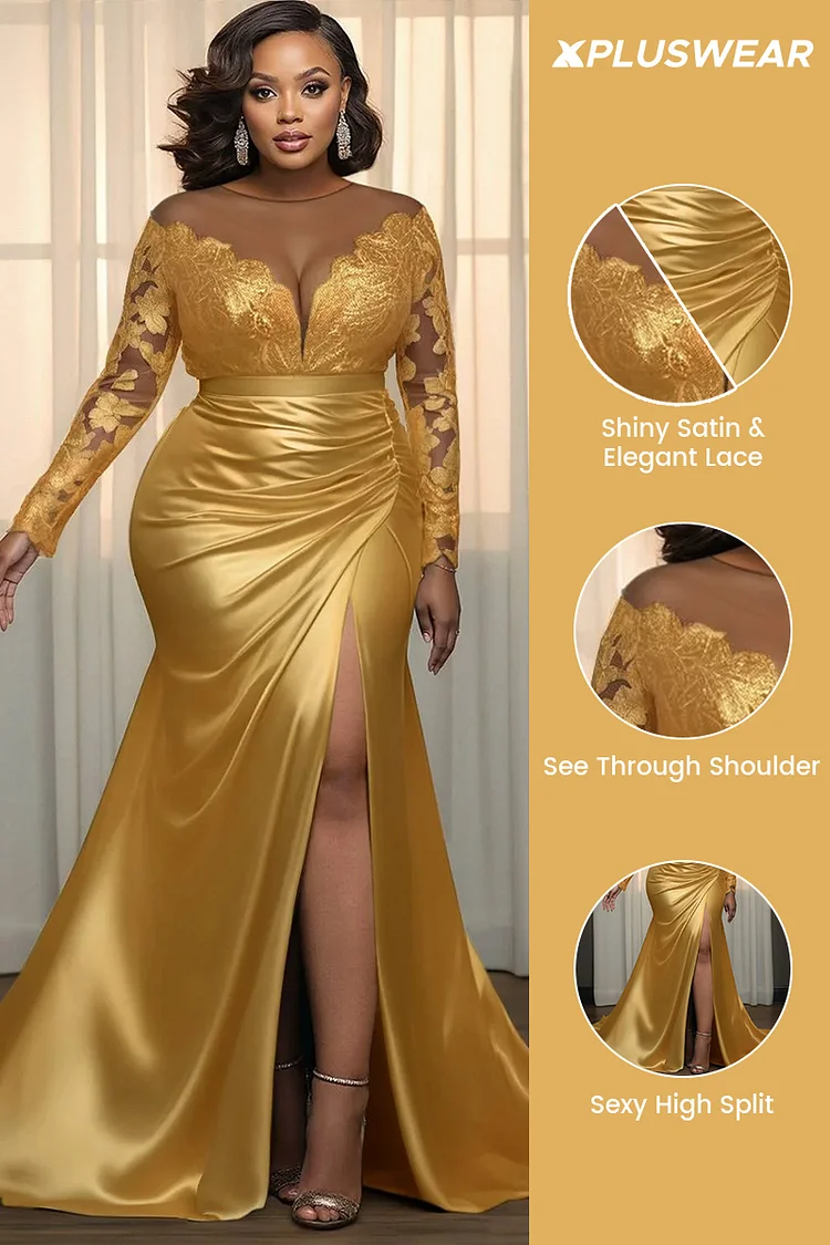 Xpluswear Design Plus Size Formal Lace Gold Turndown Collar Long Sleeve Split Elegant See Through Satin Maxi Dresses [Pre-Order]