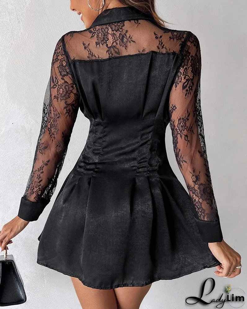 Contrast Lace Long Sleeve Button Down Shirt Dress