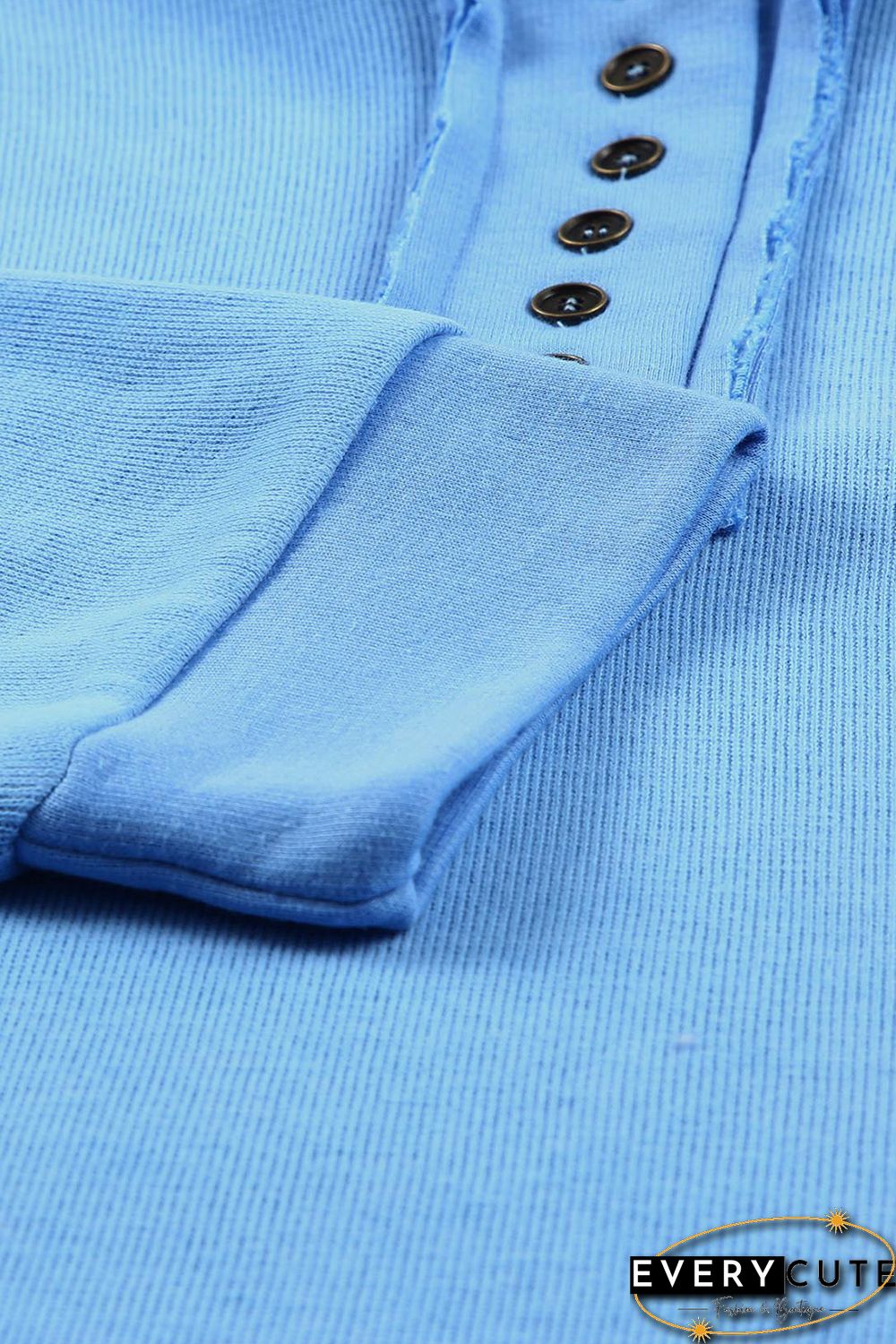 Sky Blue Casual Button Solid Patchwork Trim Hoodie