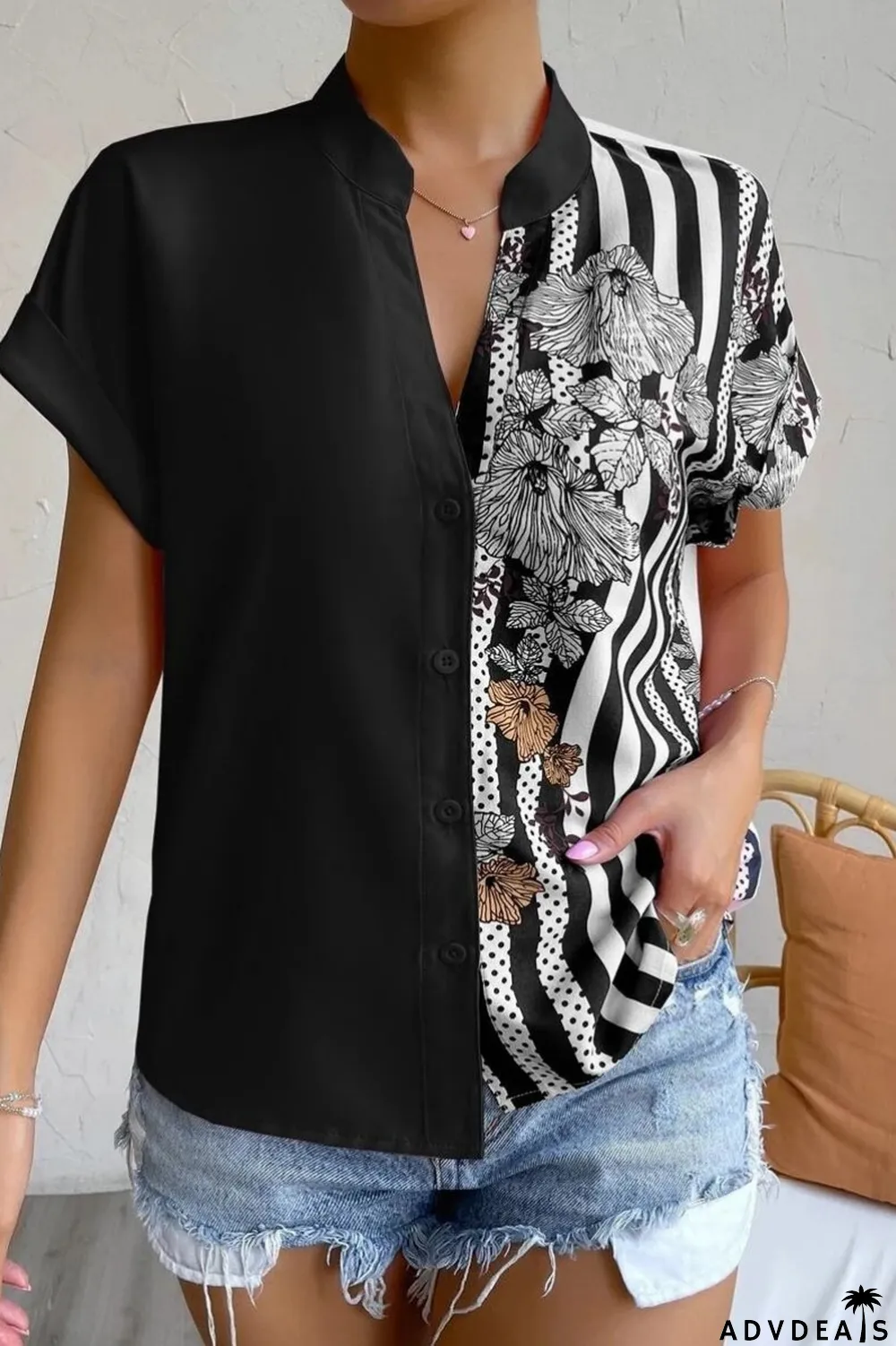 Green Casual Print Patchwork V Neck Tops