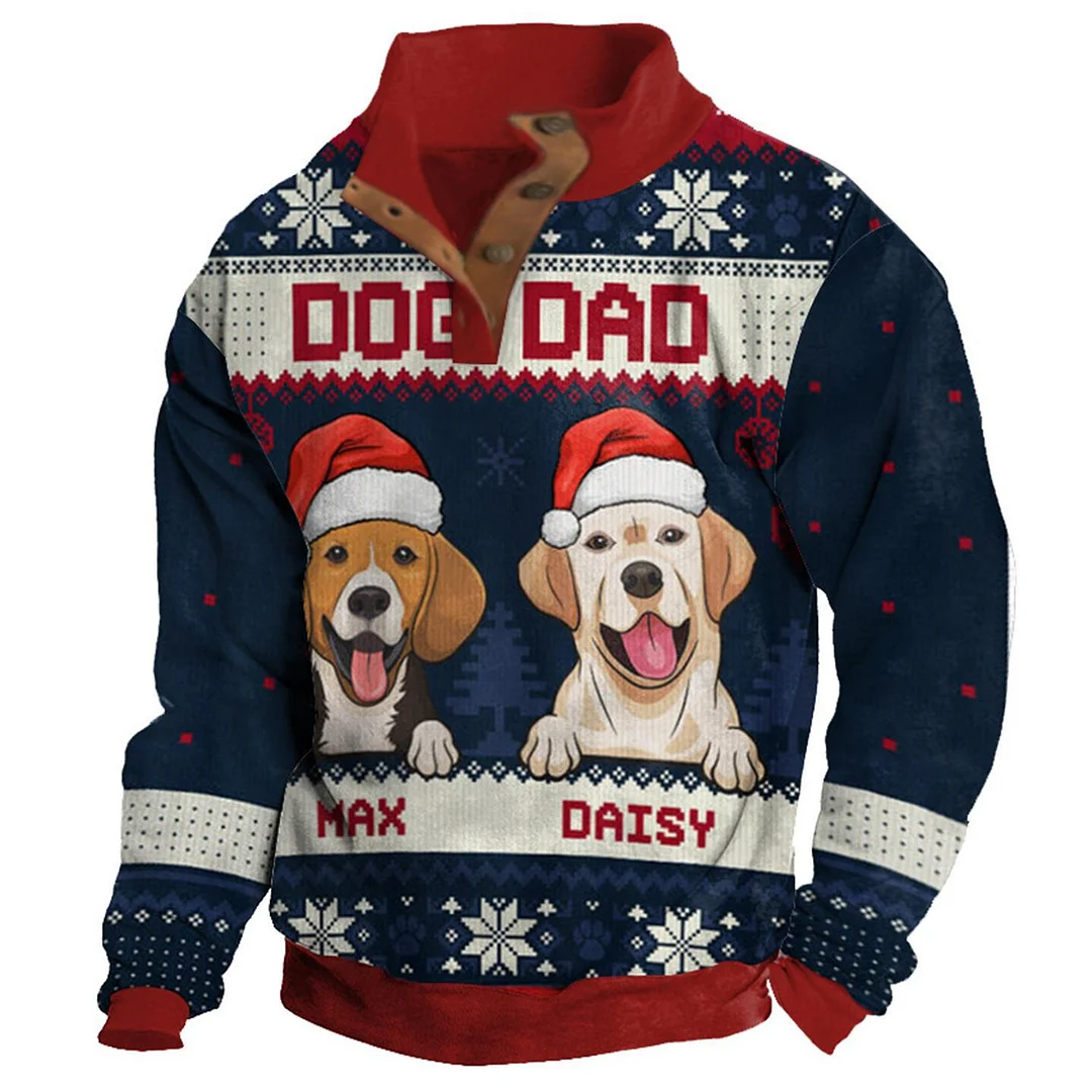 Men's Sweatshirt Dog Dad Christmas Buttons Stand Collar Daily Tops / DarkAcademias /Darkacademias