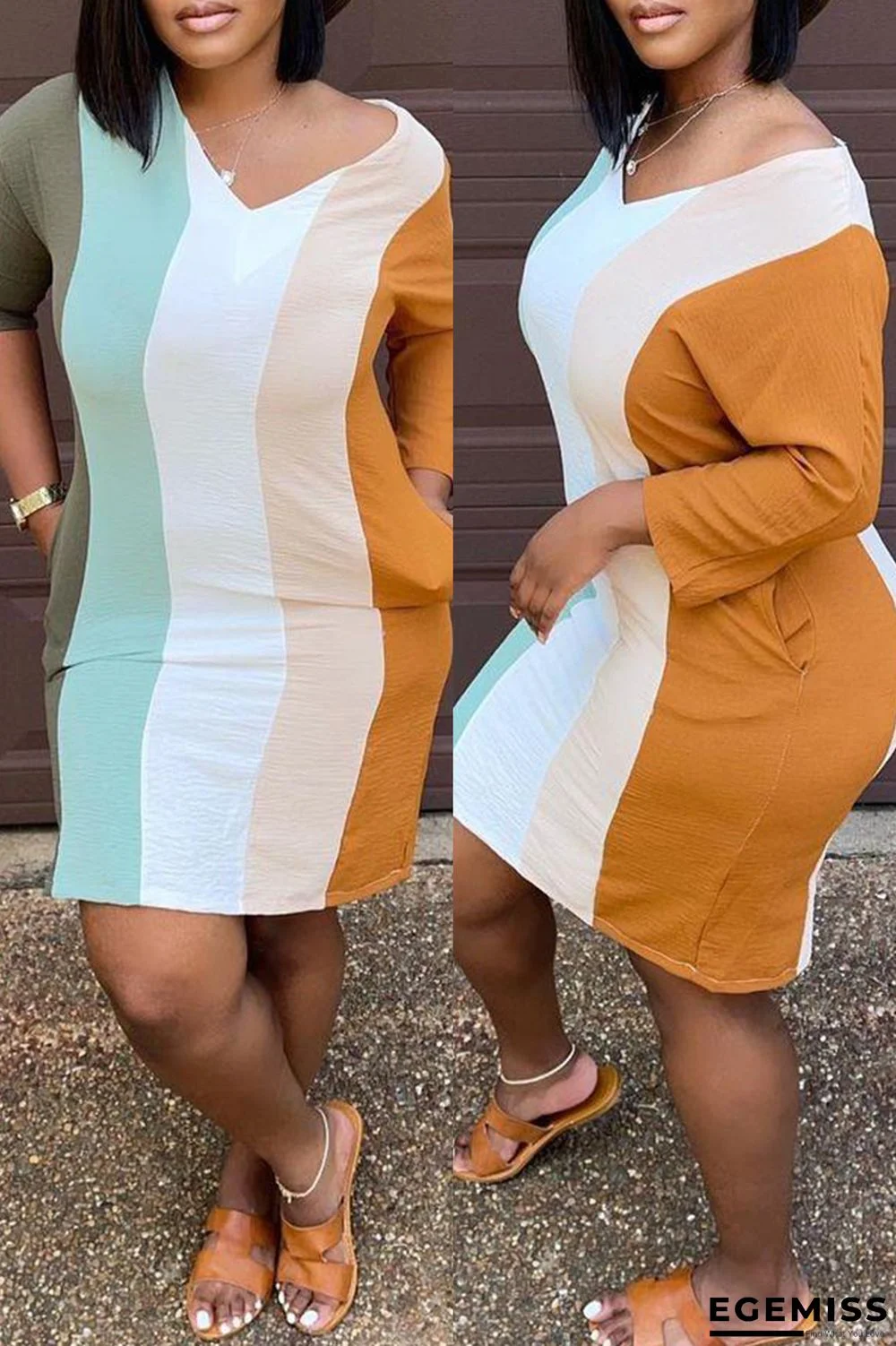 Colour Fashion Casual Striped Basic V Neck Long Sleeve Dresses | EGEMISS