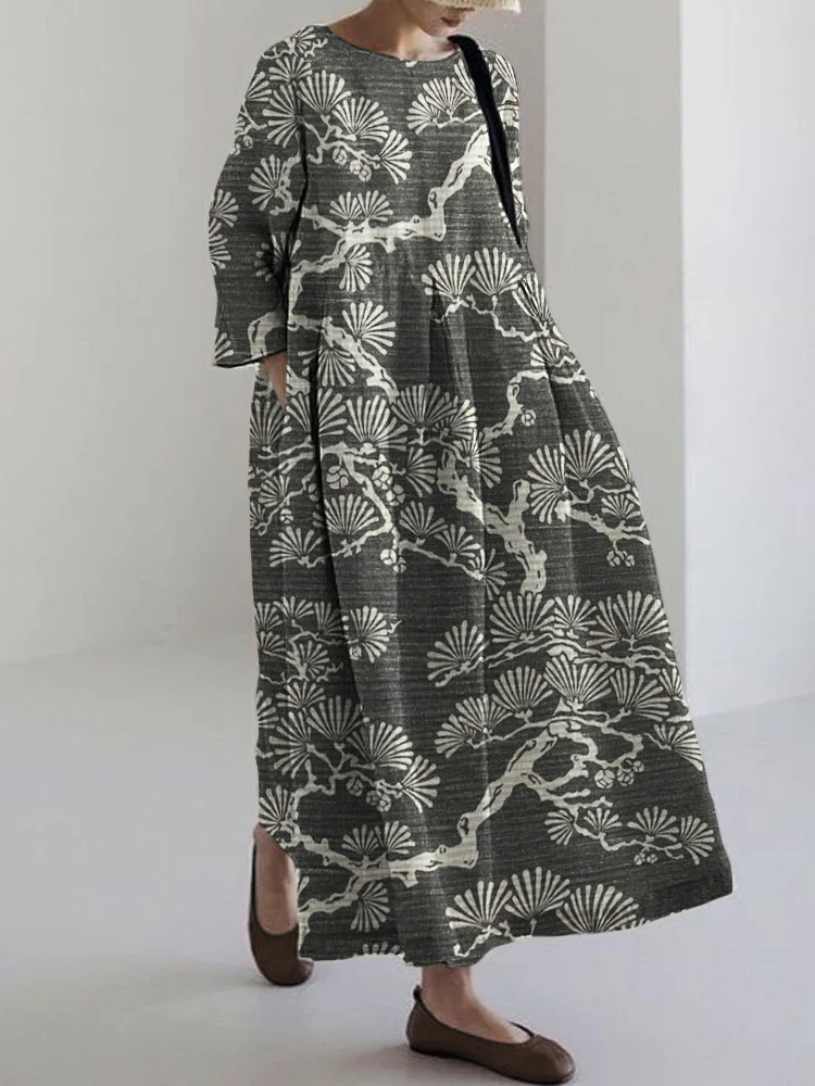 Pine Trees Japanese Lino Art Linen Blend Maxi Dress