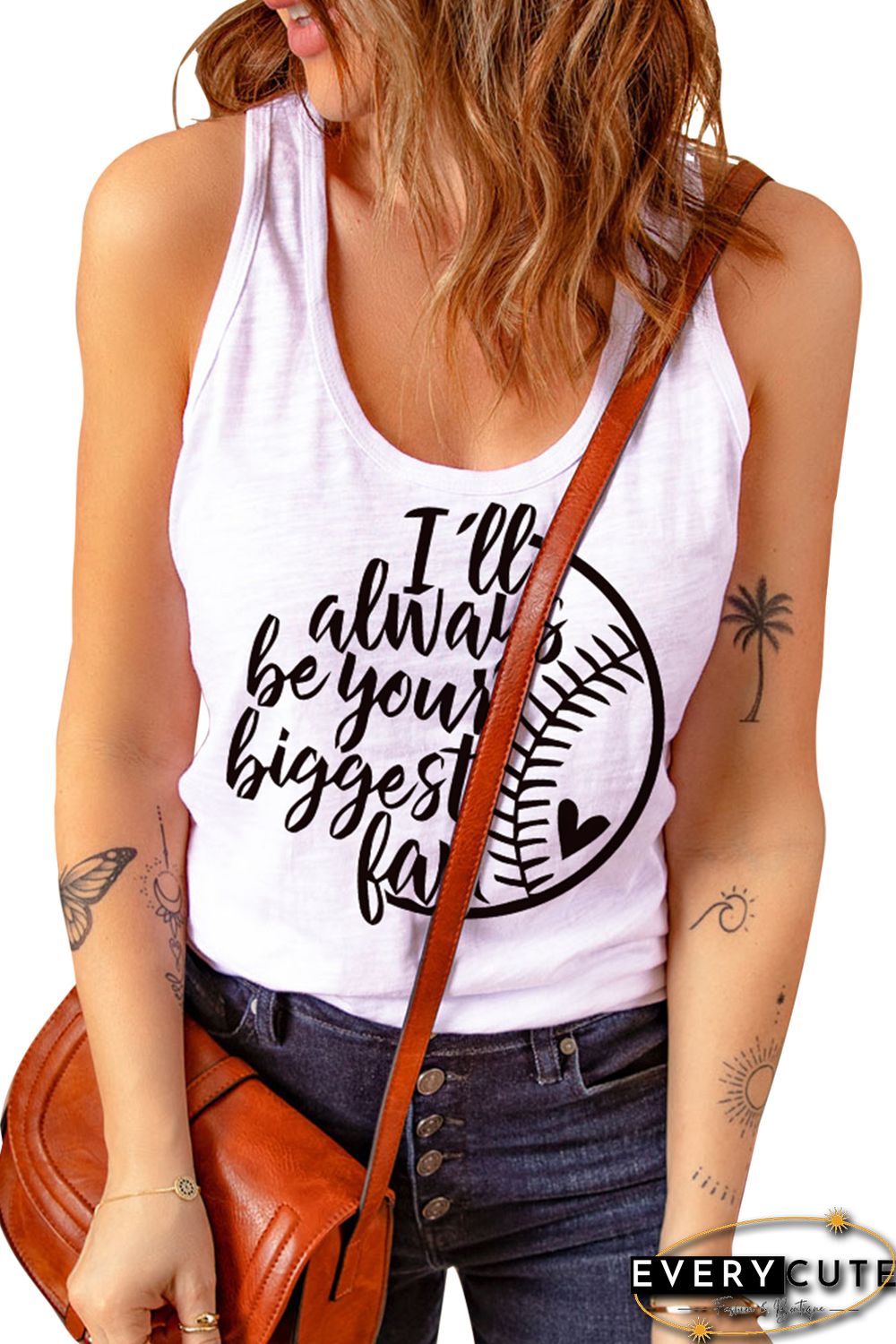 White Letter Baseball Pattern Print Crew Neck Tank Top