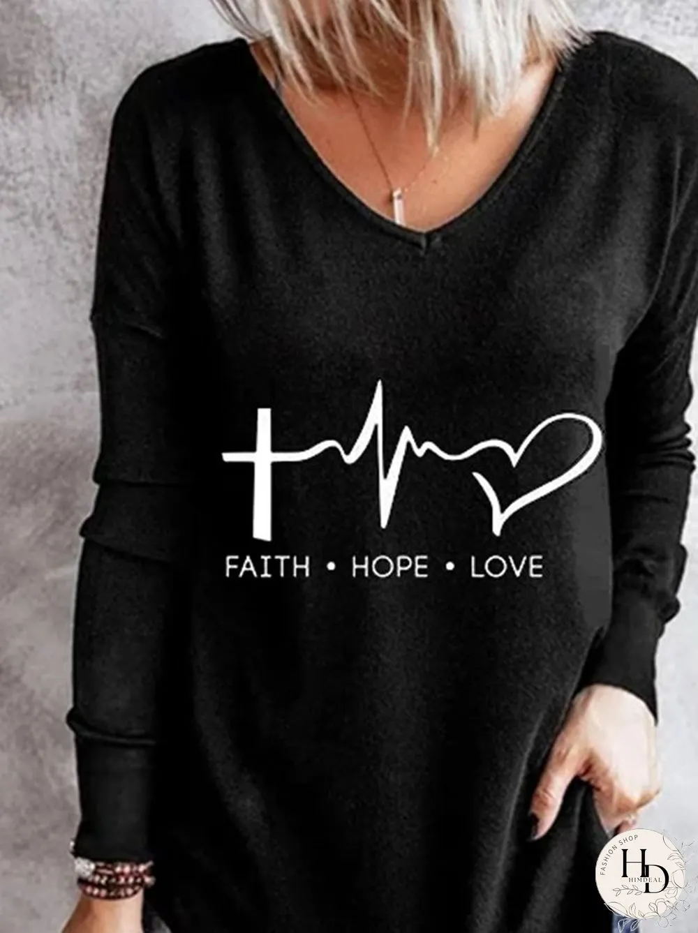Long Sleeve Letter V Neck Casual T-shirt