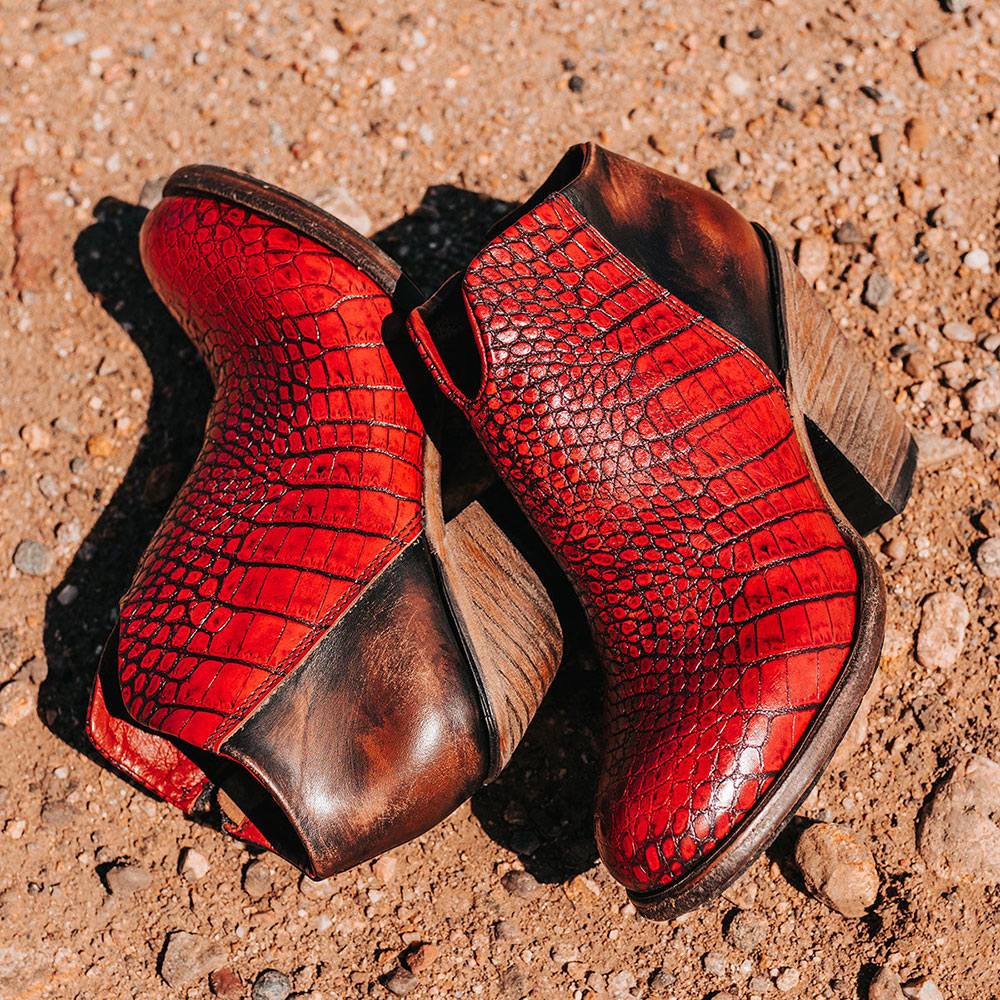 Red & Brown Crocodile Short Zipper Block High Heeled Boots Nicepairs