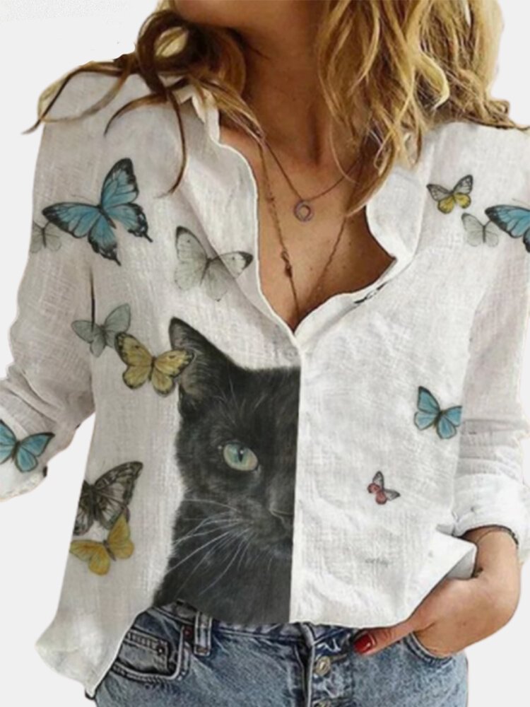 Cartoon Cat Butterfly Printed Long Sleeve Turn down Collar Blouse For Women P1747534