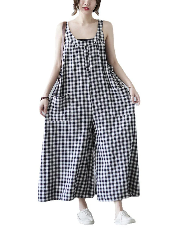 Original Simple Casual Artistic Retro Plaid Wide Legs Jumpsuits